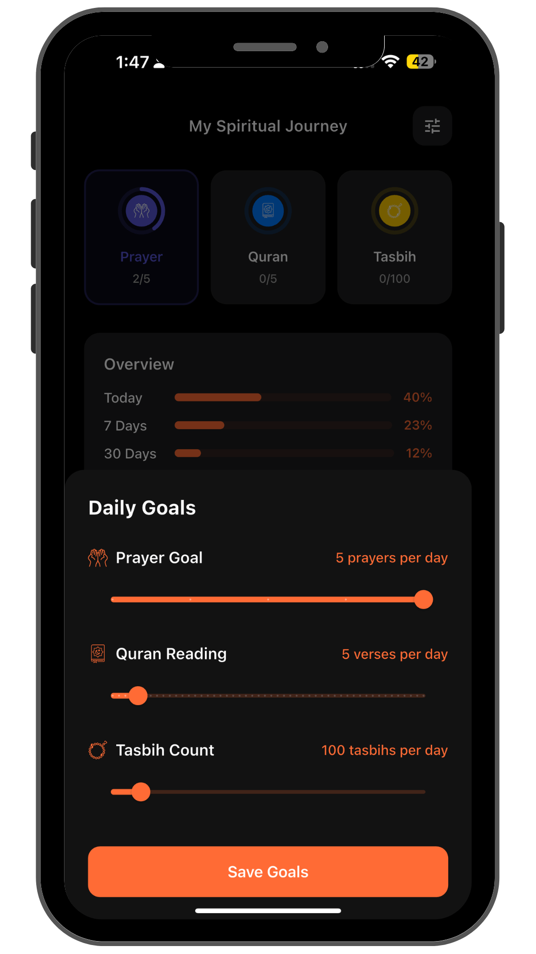 Set Your Own Goals with Complete Privacy - Dark theme